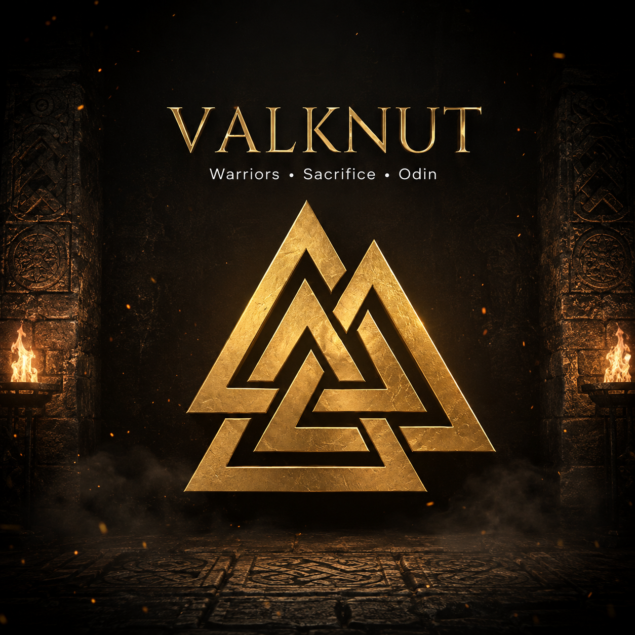 Gold Valknut symbol featuring three interlocking triangles in a Norse-inspired hall